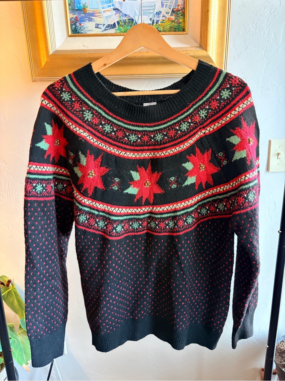 Holiday Time Black Christmas Poinsettia Beaded Crew Neck Pullover Sweater L